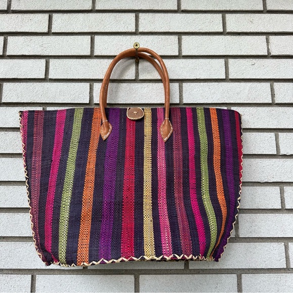 Onigo Madagascar Woven Tote Bag Multicolor Striped Natural Fiber Leather Handles - Picture 1 of 12